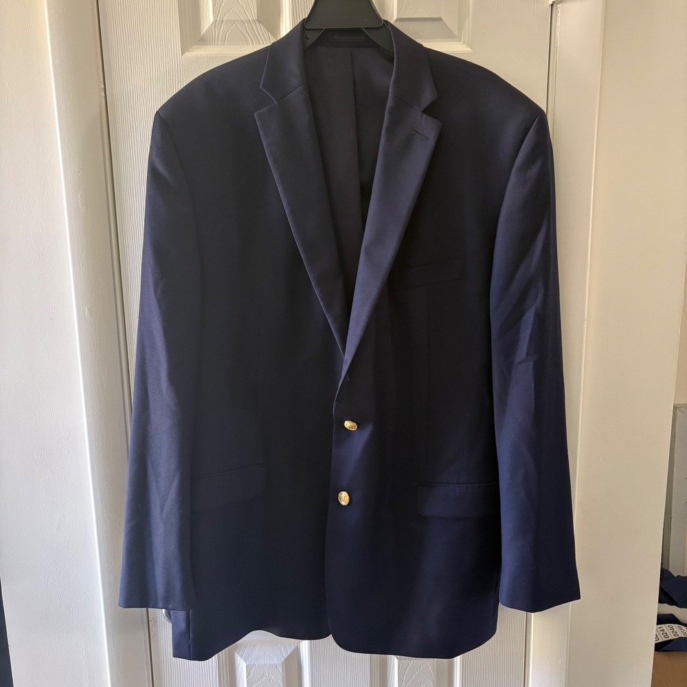 Mens Navy‎ Blue 100% Wool 2-Button Blazer Gold Crest Buttons Sport Coat 48L